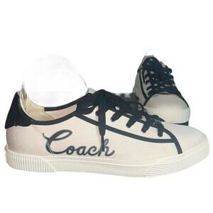 Coach FG3846 Logo Canvas Sneakers Women’s Sz 9B White Black Lace Up Casual Shoes